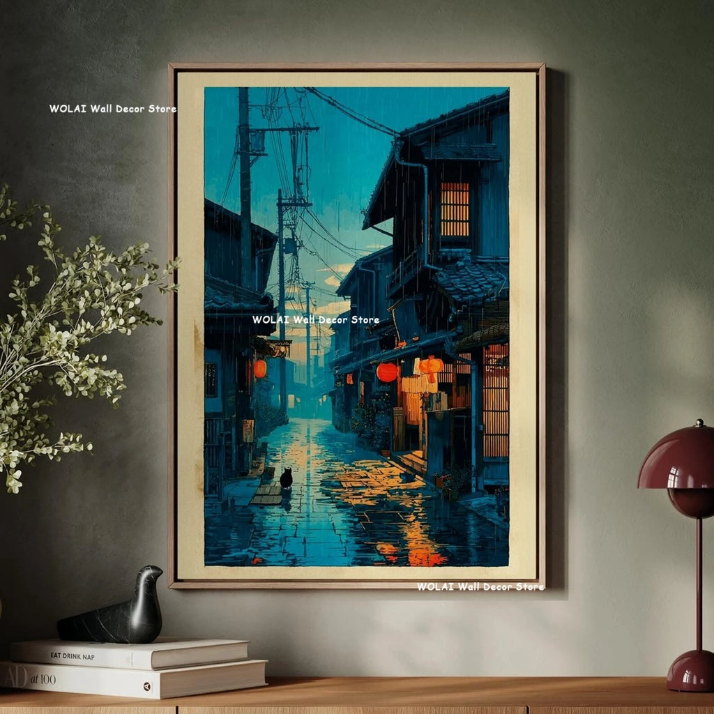 Anime Cafe Shop and Bicycle Canvas Poster Ghibli Work Anime Style Street Cafe Scene Wall Art Printing for Living Room Home Decor