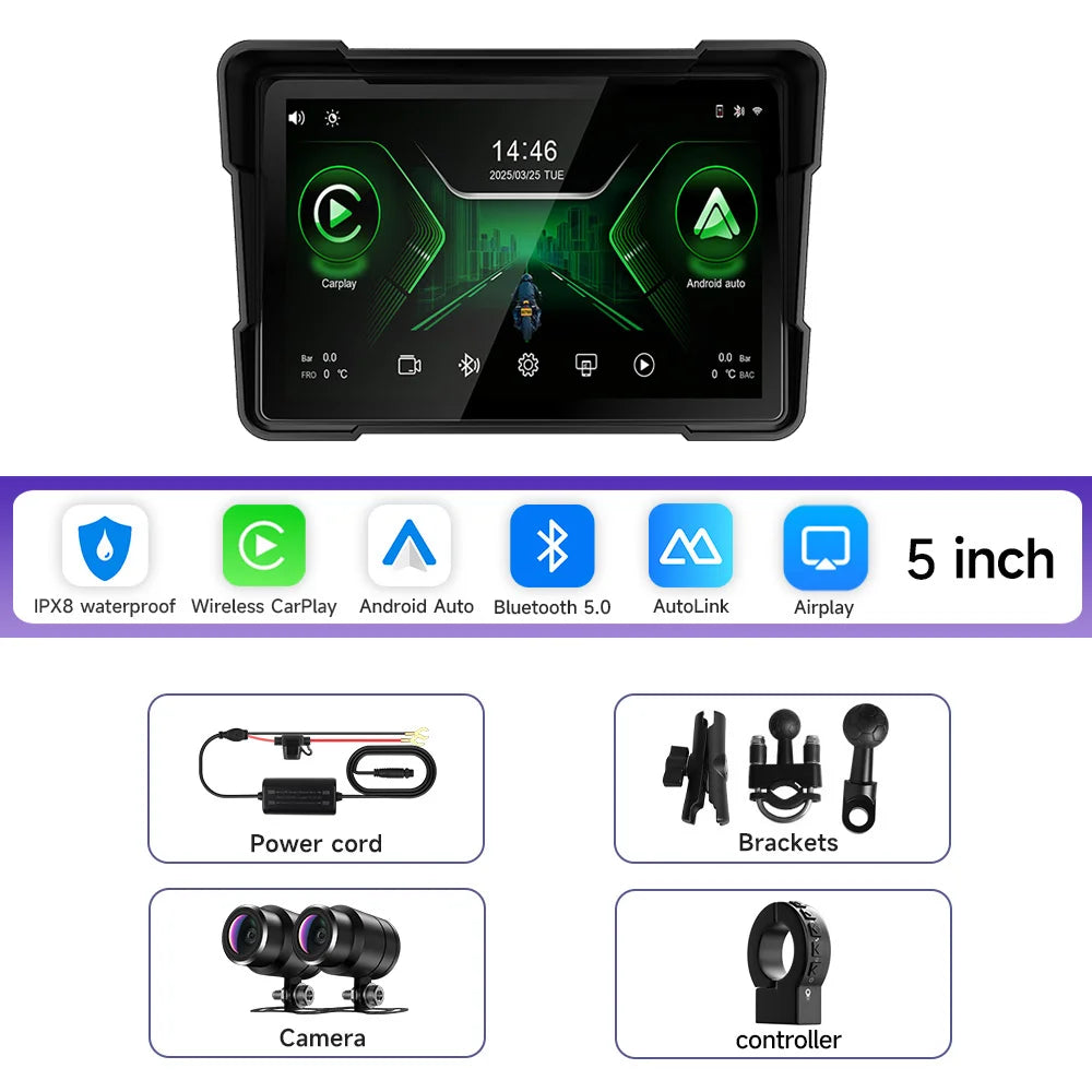 5/7 Inch Portable Motorcycle DVR GPS Navigation IPX8 Waterproof LCD Display For Wireless CarPlay Android Auto Multimedia Player