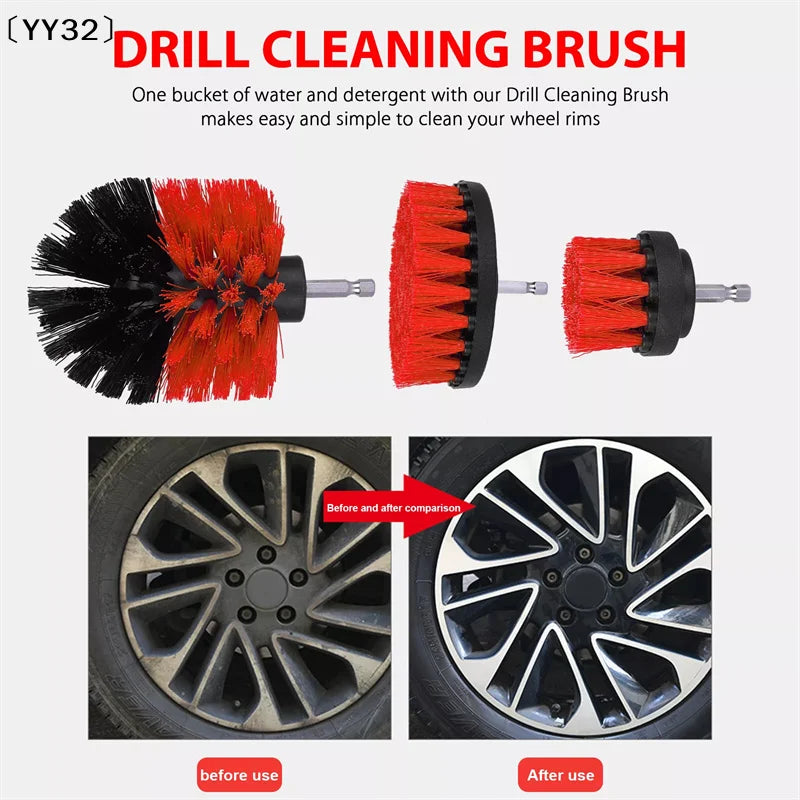 3Pcs Electric Scrubber Brush Drill Brush Kit Red Plastic Round Cleaning Tools For Carpet Glass Car Tires Nylon Brushes〔YY32〕