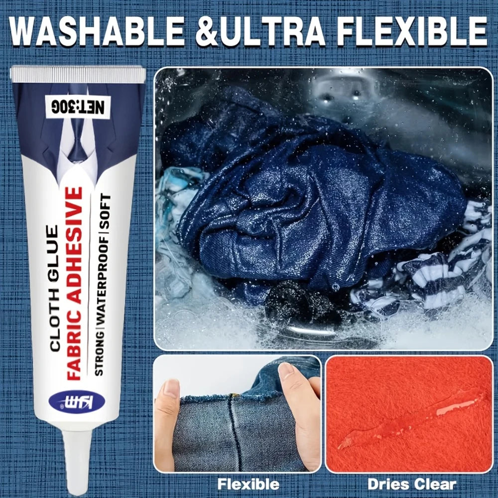 1 Washable Transparent Fabric Glue | Clear No-Trace Repair for Denim, Clothing, Leather & Crafts - KJM Brand, Gel , Multipurpose