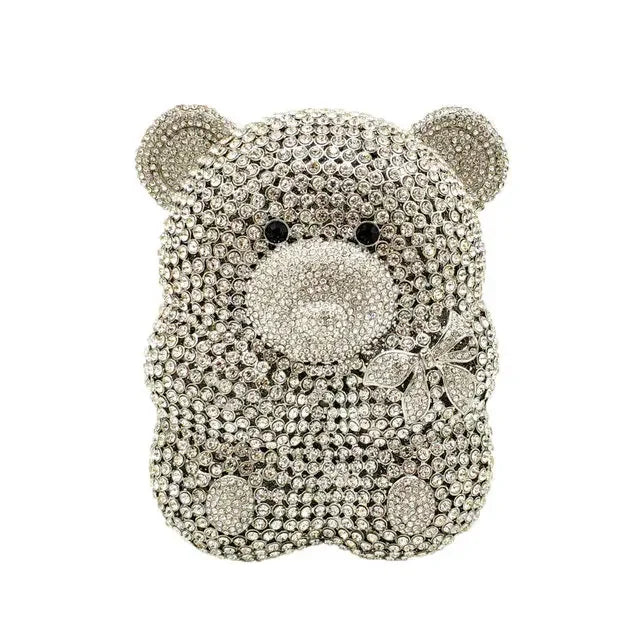 Boutique De FGG Brown Crystal Teddy Bear Evening Clutch Bags for Women Wedding Party Mini Minaudiere Purses and Handbags