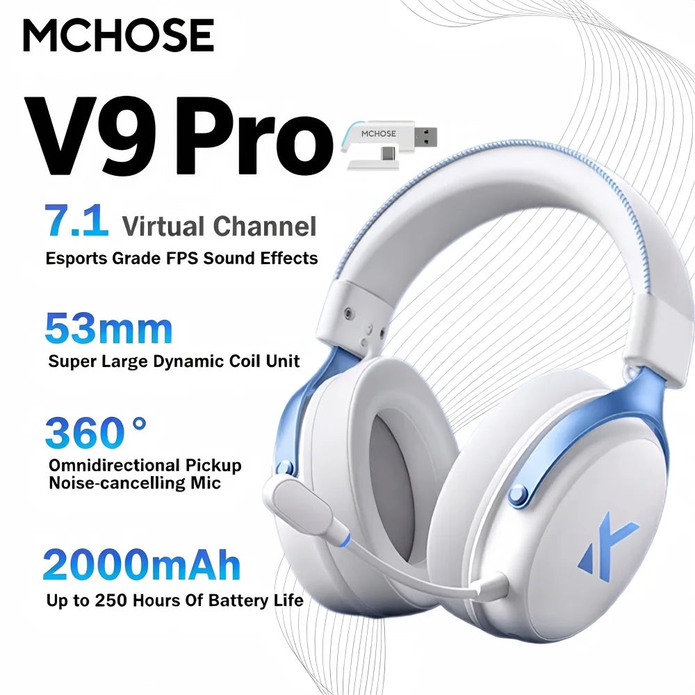 MCHOSE V9 Pro Wireless Headset 7.1 Surround Sound 53mm Gaming Headphones Noise Canceling Mic Low Latency Lightweight for PS5 PC SWITCH with Microphone
