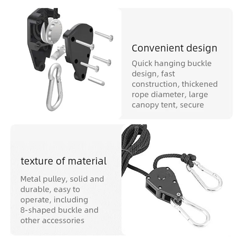 4pcs Awning Wind Rope 8 Inch Adjustable Lanyard Hanging for Tent Fan Grow Plant Lamp Pulley Ropes Pulley Lifting Pulley Hook
