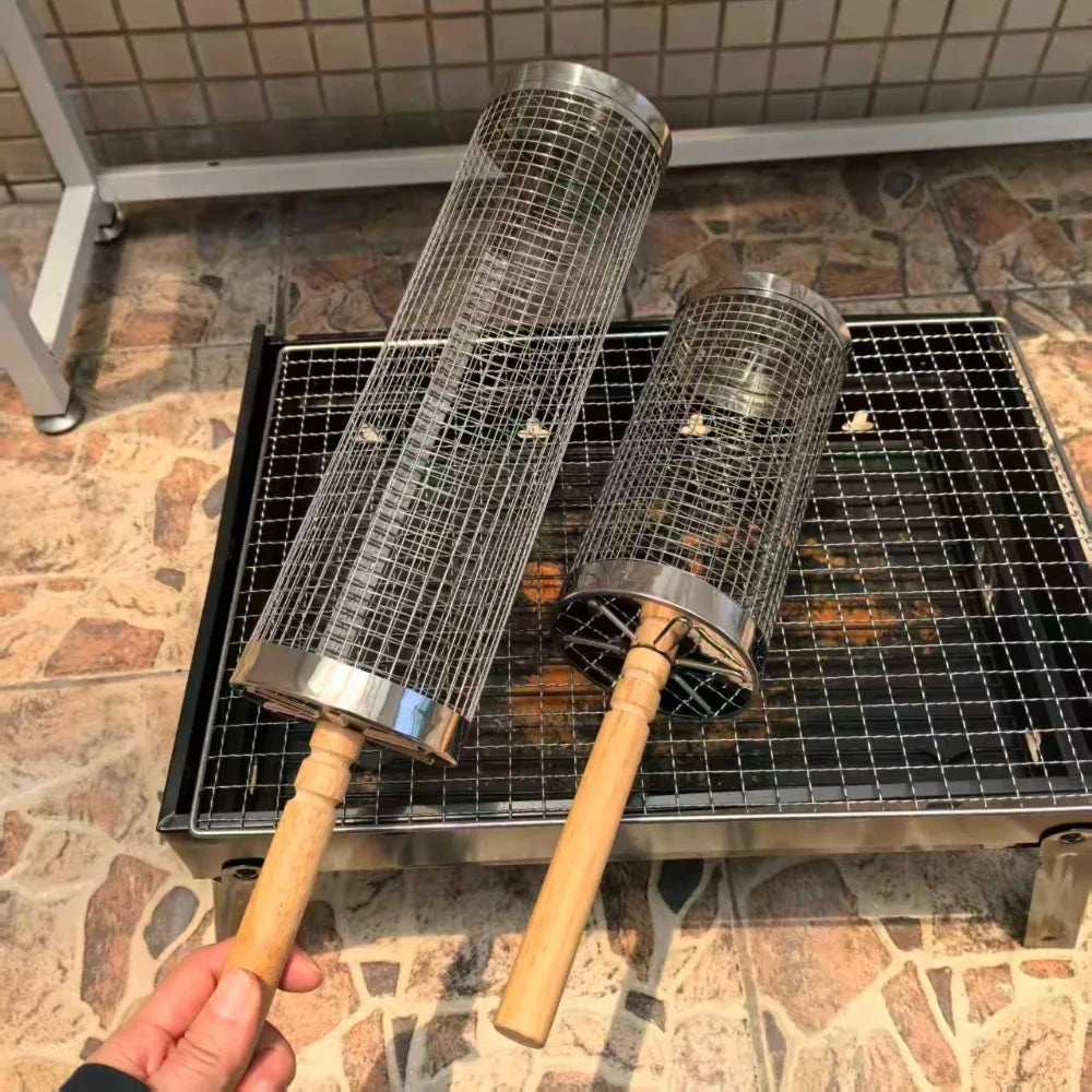 Rolling Grill Basket with Removable Wooden Handle,304 Stainless Steel,Nesting Grilling Tool,Smoker BBQ Accessories for Vegetable