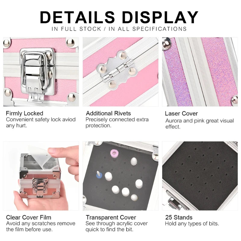 Portable Aluminum Alloy Mini Storage Box Multi Purpose Transparent Display Jewelry Box 25 Slots Grinding Head Storage Empty Case