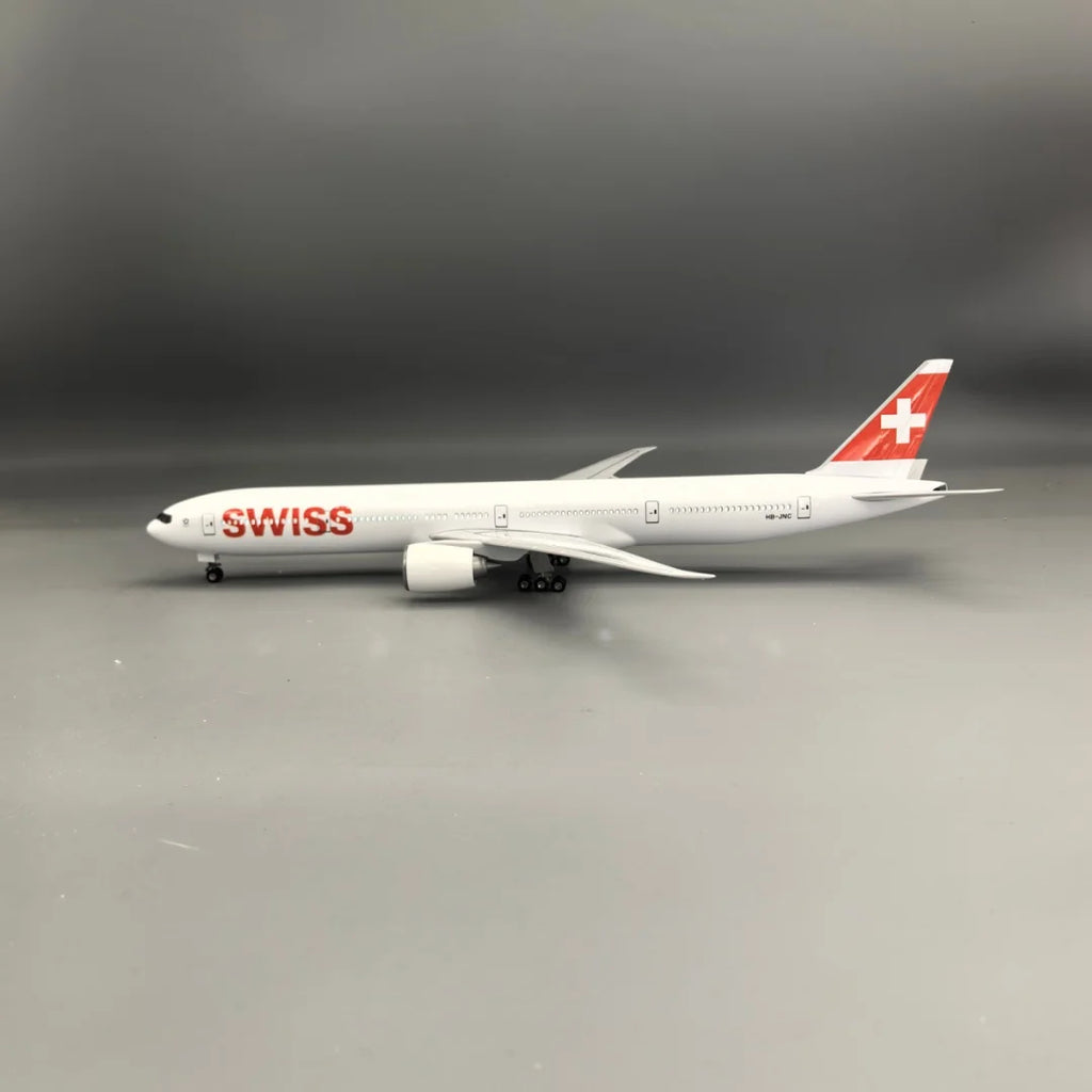 Scale 47cm B777 Swiss Airways Switzerland with Light And Wheels Die-cast Resin Aircraft Model Collectible Display Toy Airplane