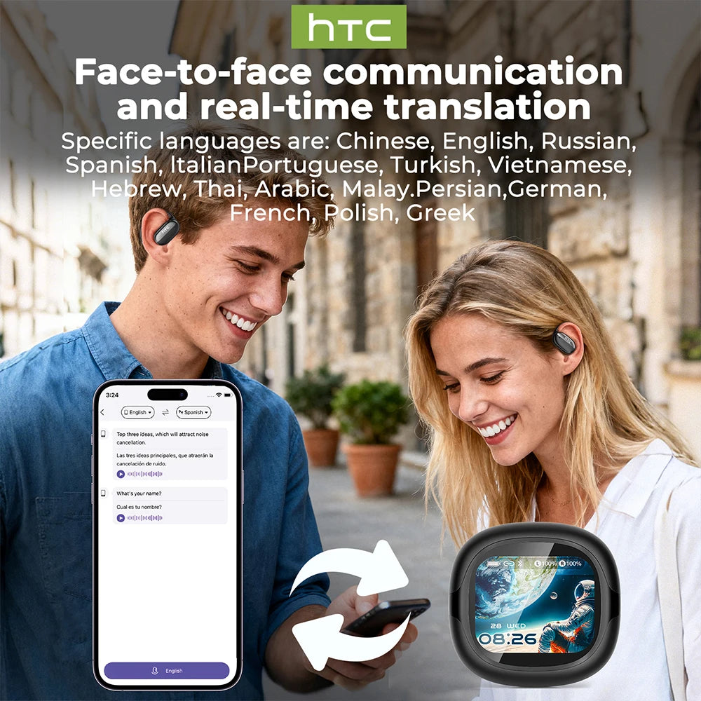 HTC NE58 Wireless Earphones Bluetooth LED Touch Screen AI Translate Earbuds HiFi Sound HD Call With Mic Bone Conduction