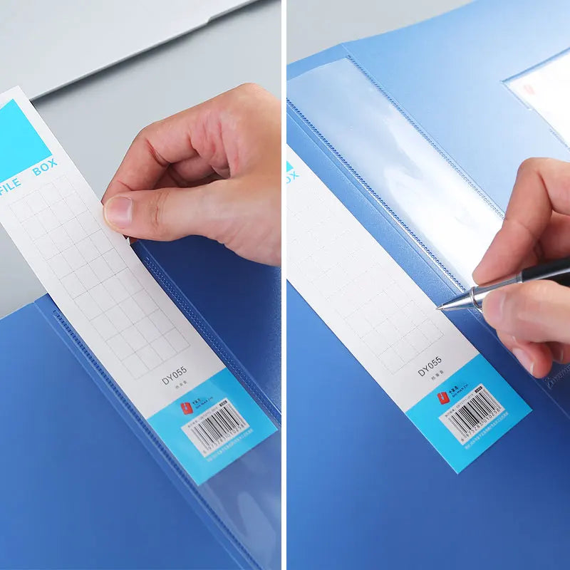 PP material, with a white label, internal compartments, a file box with a snap-lock design, 25/35/55/75mm