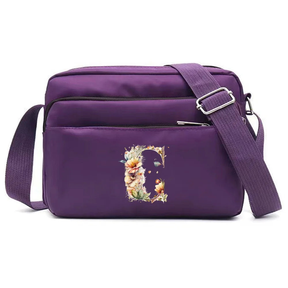 Leisure Purple One Shoulder Crossbody Bag Portable Commuting Large Capacity Floral Letter Series Printing Pattern Storage Bag