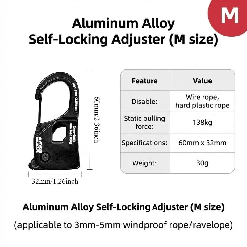 Aluminum Alloy Tent Rope Tensioner Stainless Steel Self Lock Rope Adjuster 2-10mm Anti-Slip Tarp Tightener Outdoor Accessories