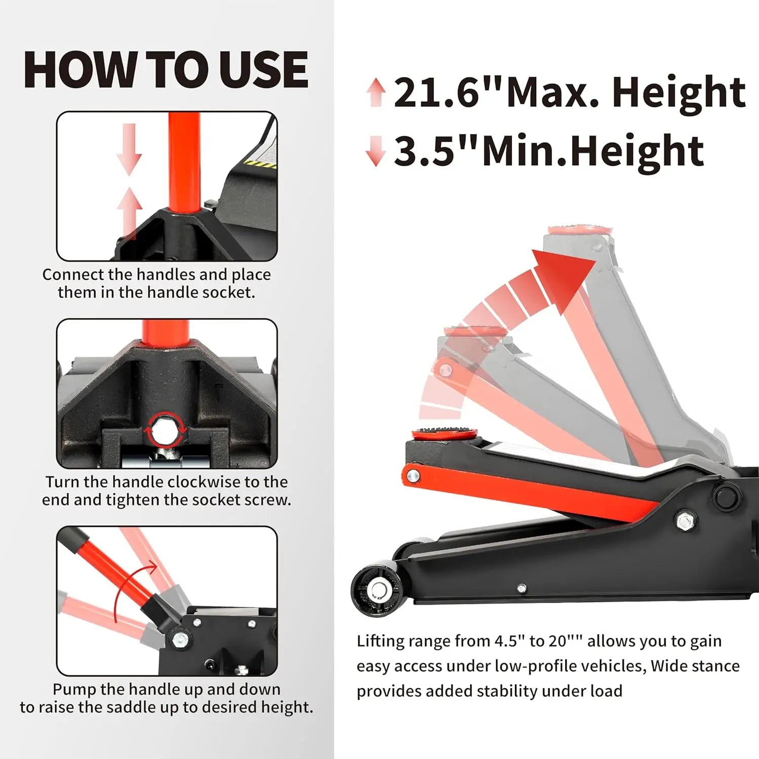 5-Ton (11000lbs)Low Profile Hydraulic Super Heavy-Duty Steel Floor Jack with Dual Pistons Quick Lift Pump Red, 5 Ton Low