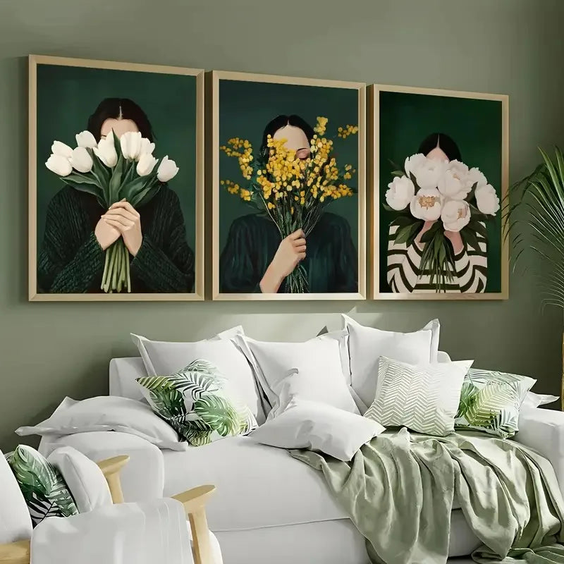 Green Abstract Figures Canvas Print with Flower Woman Minimalist Japandi Female Portrait Art Poster for Modern Living Room Decor