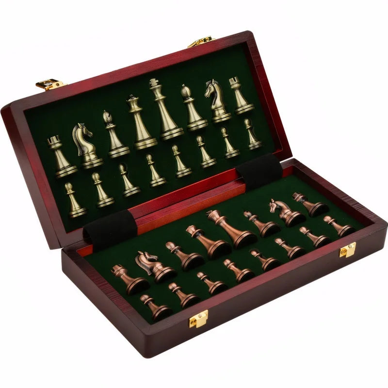 High end chess set 30cm/11.8inch antique bronze foldable solid wood box alloy weighted chess pieces Christmas holiday gift