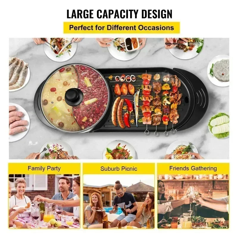 Electric Barbecue Pot 2-in-1 Hot Pot Barbecue Pot Smoke-free Fast and Uniform Heating Independent Dual Temperature Control