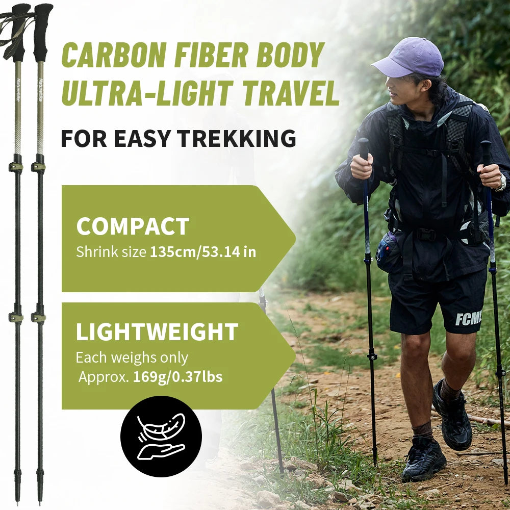 Naturehike Walking Stick First Snow EXT1 Carbon Fiber Hiking Poles 3 Section Ultra-light Telescopic Outdoor Climbing Hiking Cane