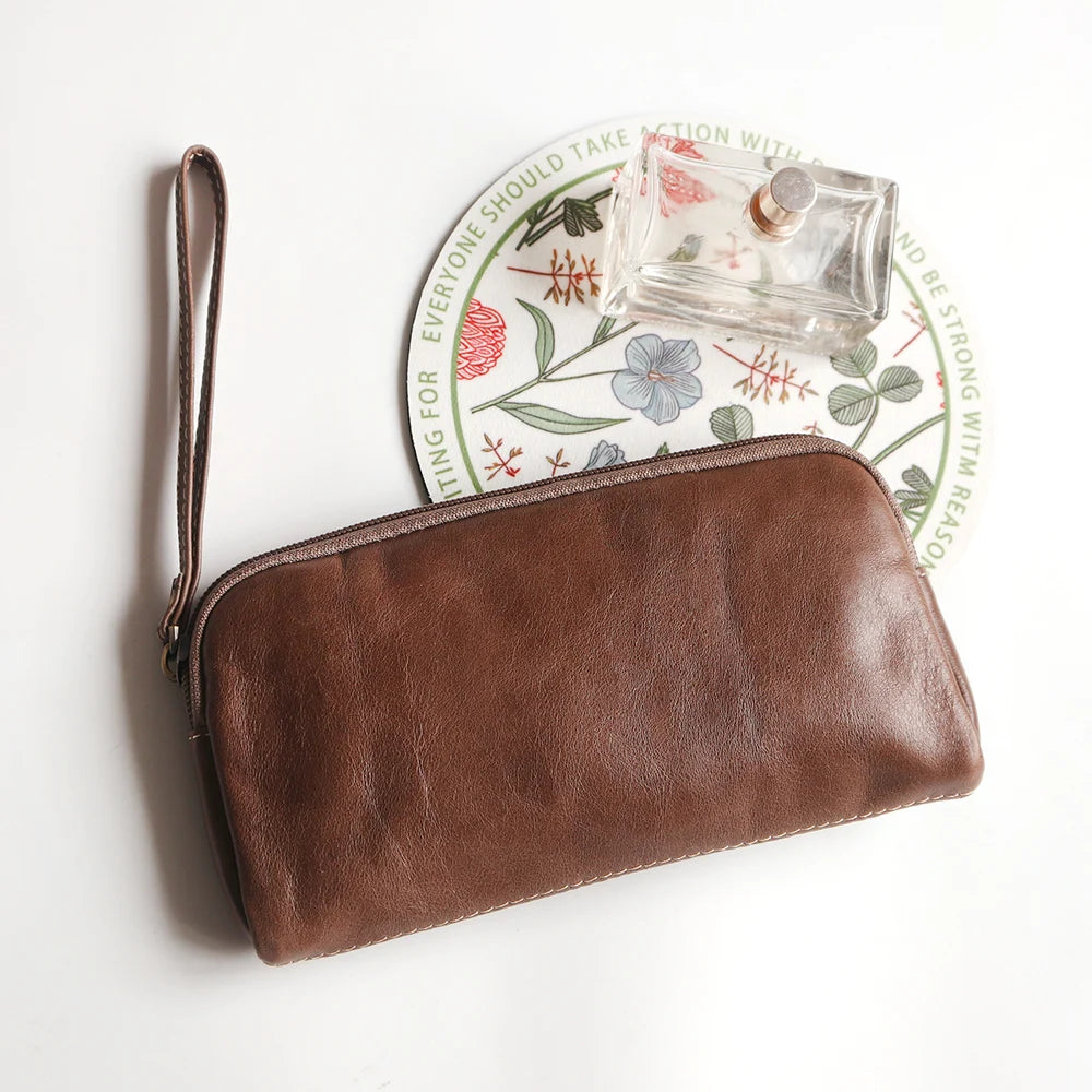 Leisure Cowhide Women Clutch Bag Personalize Letters Genuine Leather Female Wristlet Purse Bag Vintage Pencil Makeup Zip Pouch