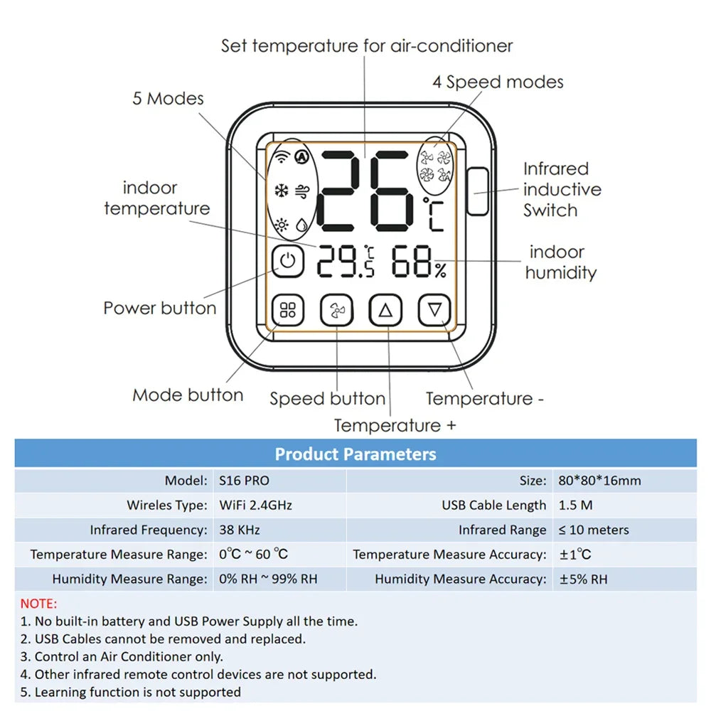Tuya Smart Air Conditiong Thremostat Built-in Temperature Humidity Sensor For IR Remote AC Work with Alexa Google