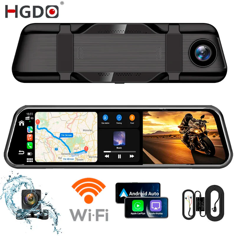 HGDO 10" 4K Mirror Carplay&Android Auto Car DVR Dash Cam Backup Rear View Camera with 5G Wifi BT FM AUX Mirror Link 24H Monitor