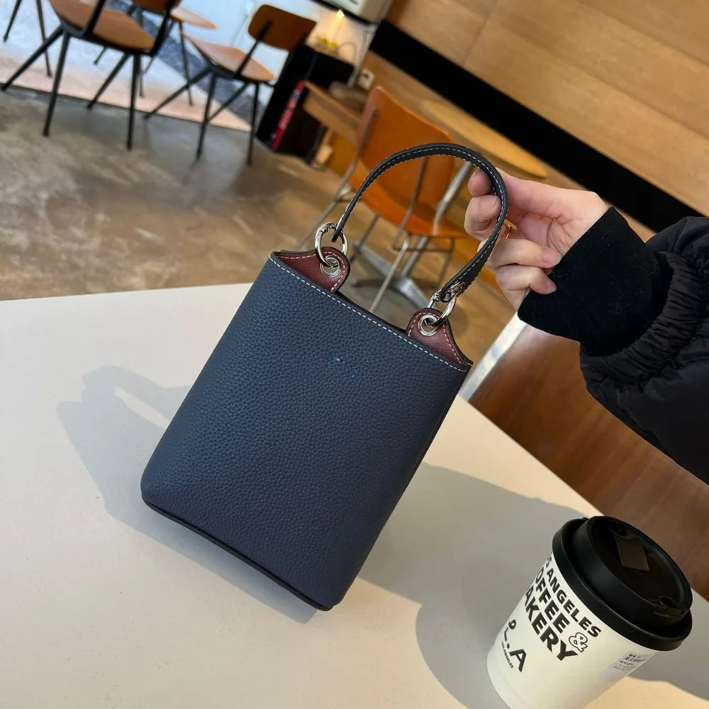 Contrasting Color First Layer Cowhide Mobile Phone Bag, New Mini Bucket Multi-function Portable Shoulder Messenger Women's Bag