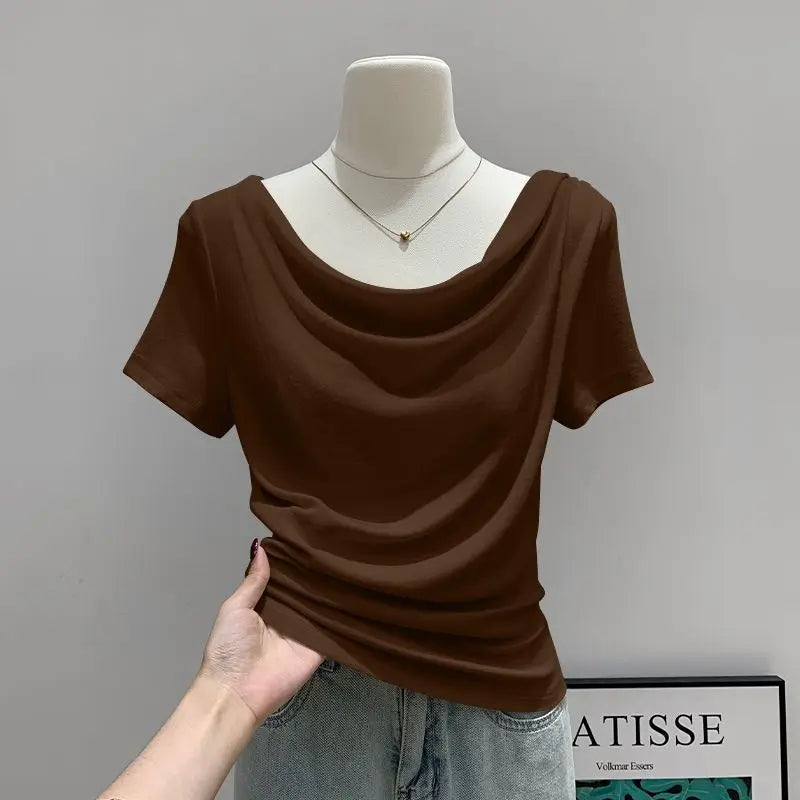 Summer Thin Slash Neck Short Sleeved T-shirt Feminine Temperament Summer Irregular Slim Fit Spicy Top Plus Size Women Clothing