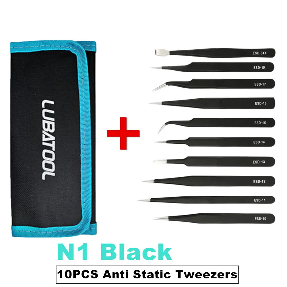 10Pcs Tweezers Set With Bag Ceramic Industrial Electronic ESD Stainless Steel Anti-Static Precision Tweezer Kits Repair Tools