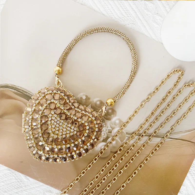 Heart Shaped Diamond Encrusted Glass Stone Evening Bag Women's Chain Handbag Stylish Crossbody Bag Elegant  Shape