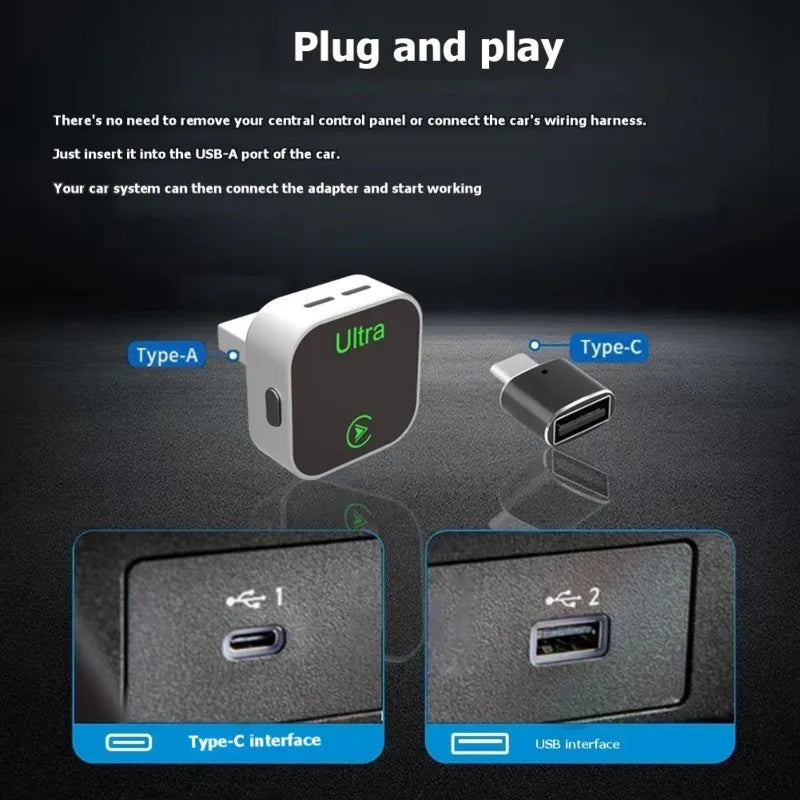 Auto-Connect Fast Wireless Carplay Adapter Mini Size Plug& Play For IOS For Android Auto Compatible Car Vehicle Upgrade Version