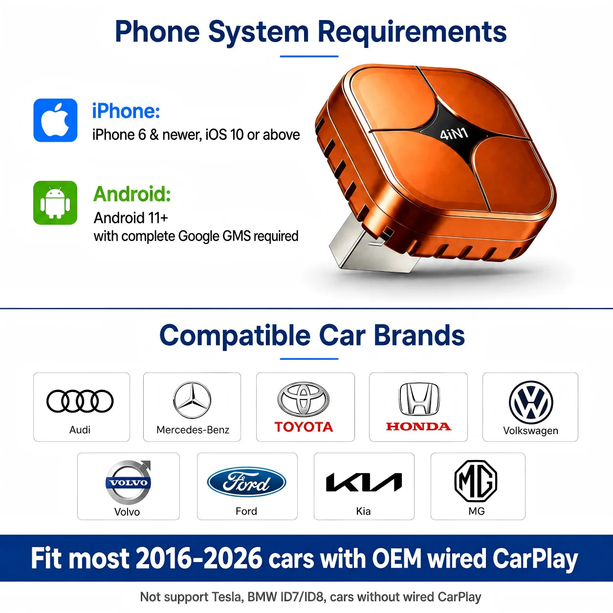 4 IN1 Wireless CarPlay Dongle Wireless Android Auto Adapter AI Smart Box Car Intelligent Systems For Car With Wired CarPlay