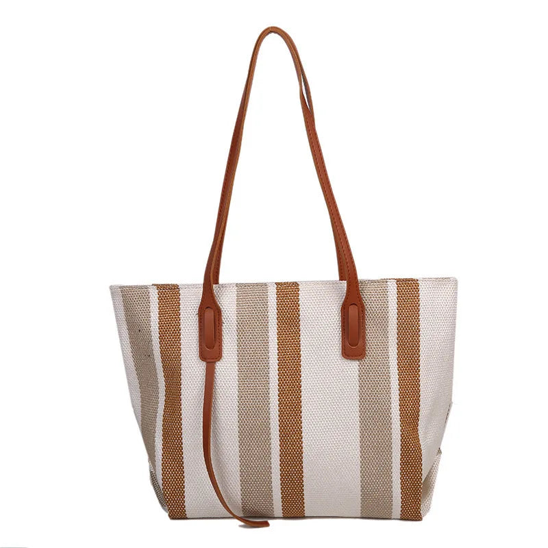 Korean Style Large Capacity Women's Shoulder Bag 2025 New Simple Vertical Stripes Casual Tote Bag Fashion Handbag
