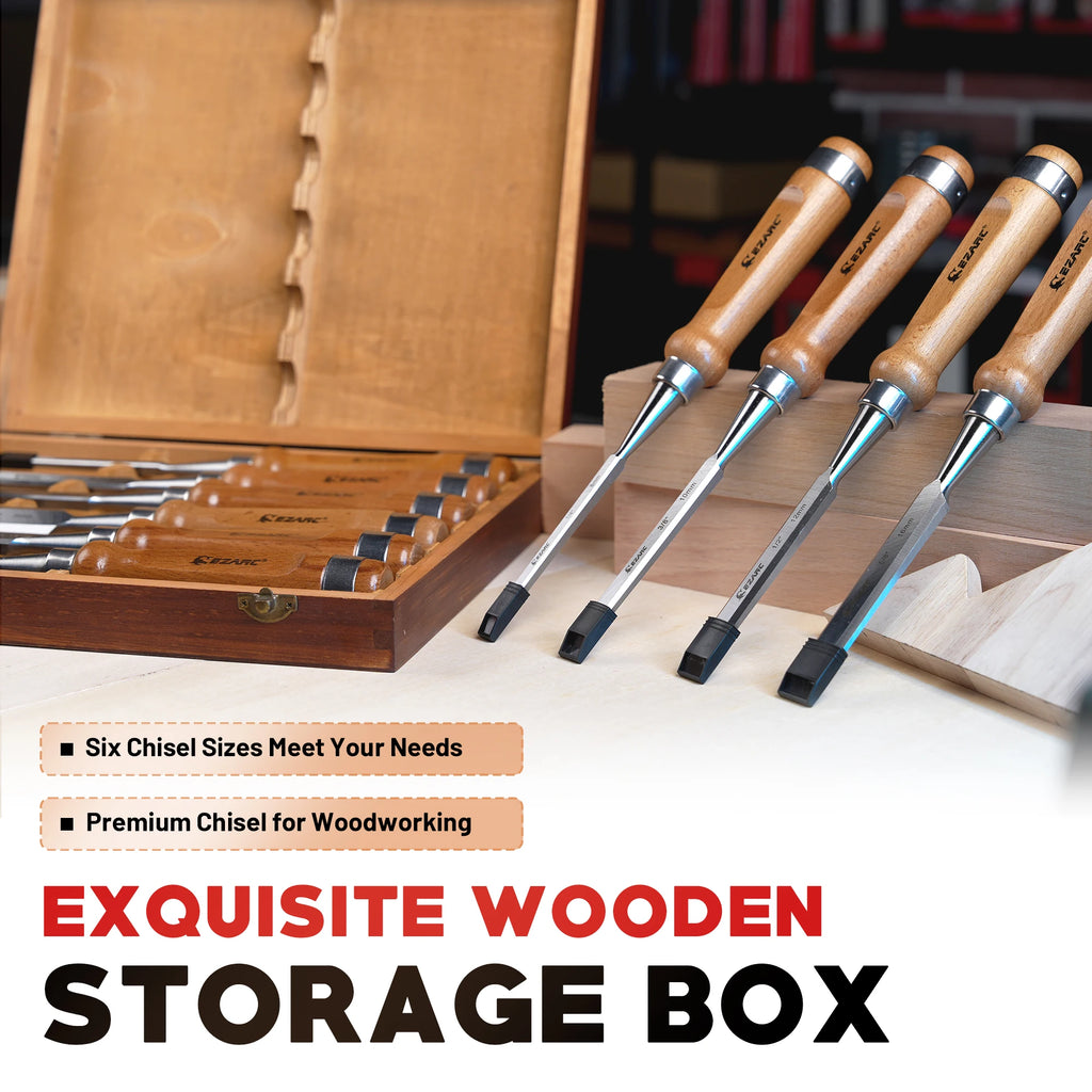 EZARC Wood Chisel Tool Sets, 6Pcs Woodworking Carving Chisel Kit with Premium Wooden Case for Carpenter Craftsman, Gift for Men