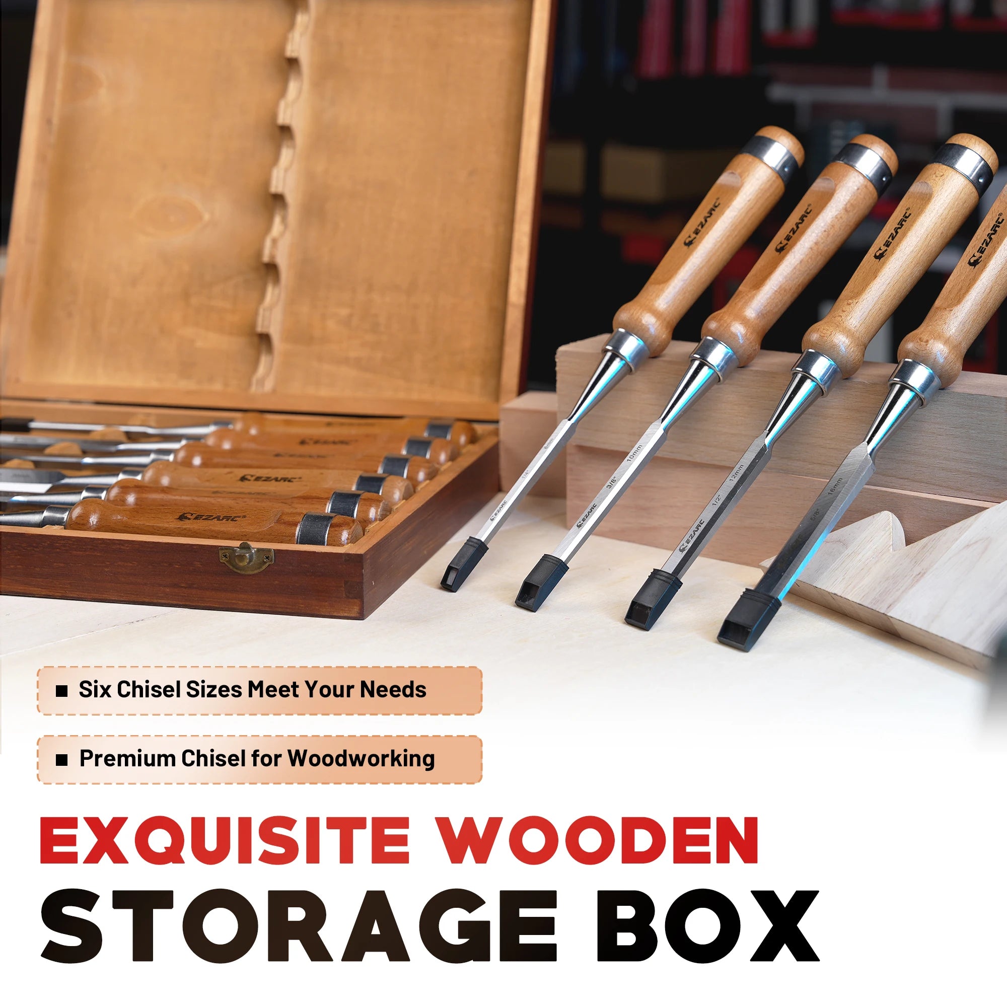 EZARC Wood Chisel Tool Sets, 6Pcs Woodworking Carving Chisel Kit with Premium Wooden Case for Carpenter Craftsman, Gift for Men