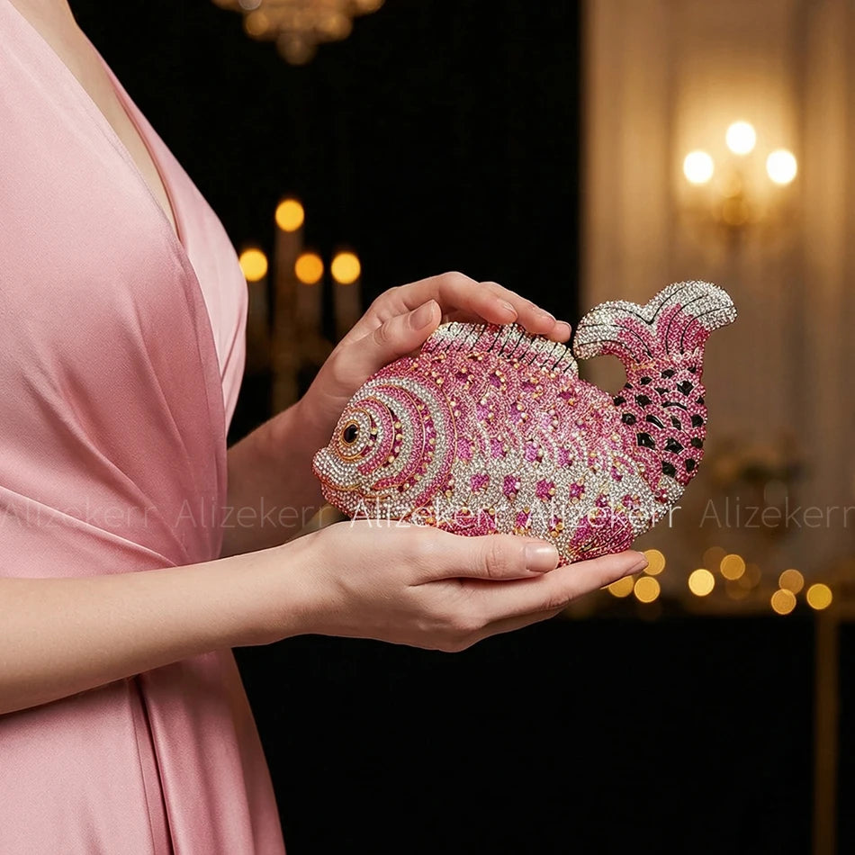 Alizekerr Goldfish Shaped Crystal Evening Bags Women Gorgeous Diamond Metallic Clutch Purses Ladies Unique Handbag Wedding Party