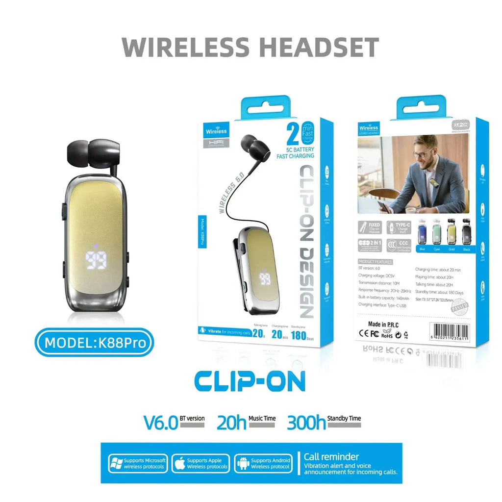 2026 K88pro Hebrew V6.0 Bluetooth Clip on Headset Mini Business Headphones Wireless Earphone Lotus Earbud Handsfree 20H Working