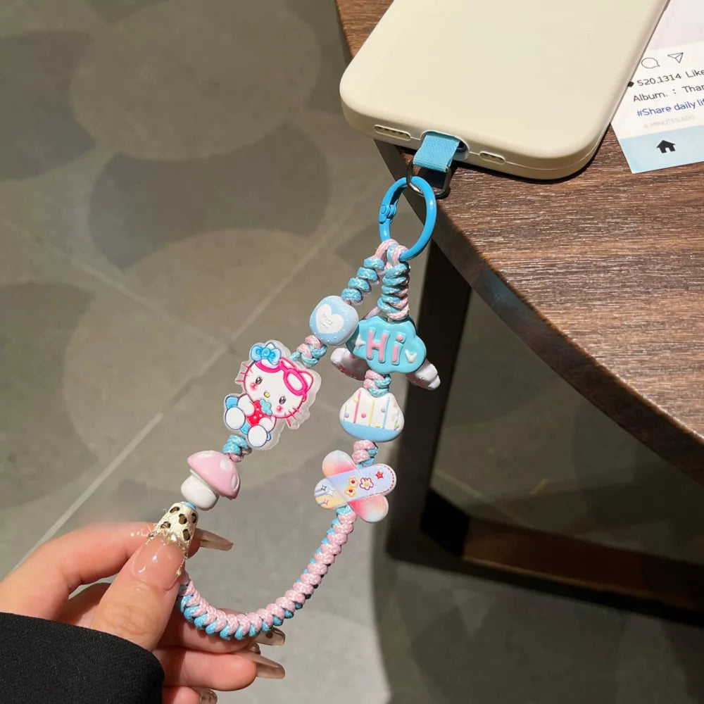 INS Sanrio Hello Kitty Sweet Pink Hand Woven Phone Case Wrist Strap Bead Keychain Bag Decor Pendant for Girl Woman Phone Lanyard