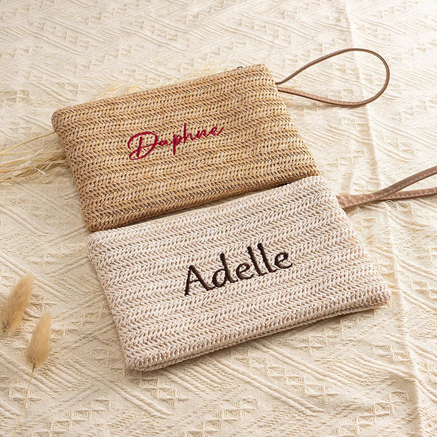 Boho Straw Woven Clutch Bag Custom Name Embroidery Zipper Pouch Women Girls Portable Coin Wallet Beach Vacation Accessories