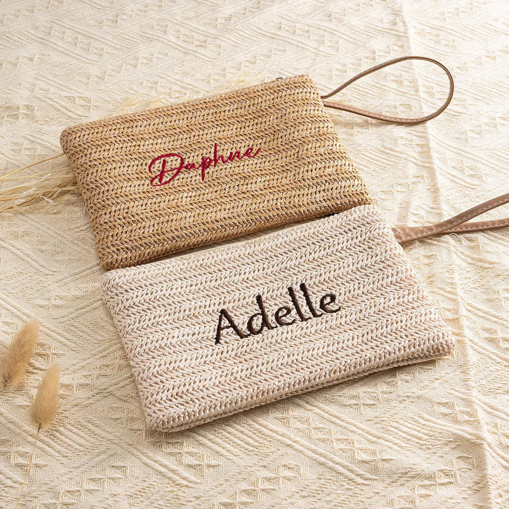 Boho Straw Woven Clutch Bag Custom Name Embroidery Zipper Pouch Women Girls Portable Coin Wallet Beach Vacation Accessories