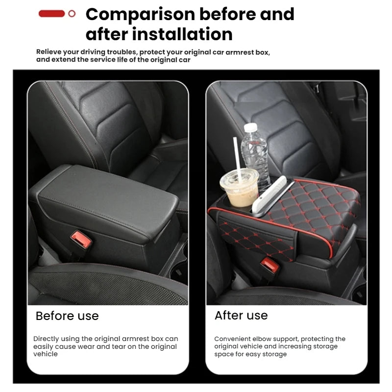 PU Leather Car Center Console Storage Height Pad with Cup Holder, Phone Card Slot, Dual Pockets or No Pocket Storage