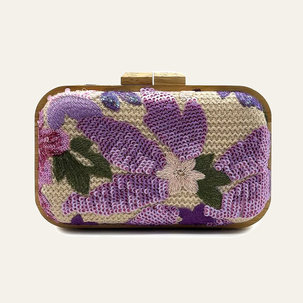 Women's Fashion Wood Kiss Lock Straw Woven Handbag Random Floral Pattern Sequined Embroidery Clutch Bag Long Chain Purse Travel