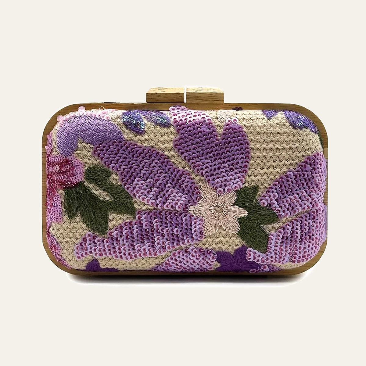 Women's Fashion Wood Kiss Lock Straw Woven Handbag Random Floral Pattern Sequined Embroidery Clutch Bag Long Chain Purse Travel
