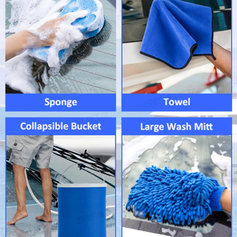 SEAMETAL 13pcs Car Washing Tool Kit Cleaning Brush/Drying Towel/Glove/Foam Sponge/Foldable Bucket Car Wash Care Maintenance Set