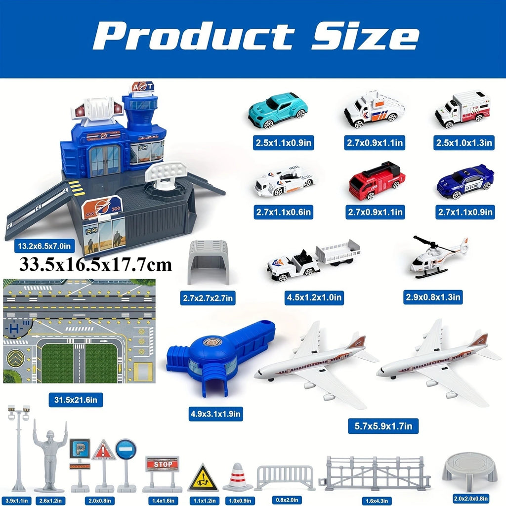Airplane Toy Set with Trucks Helicopter Planes Signs Airport Playmat Interactive Early Learning Toys Birthday Gift for Boy Girl
