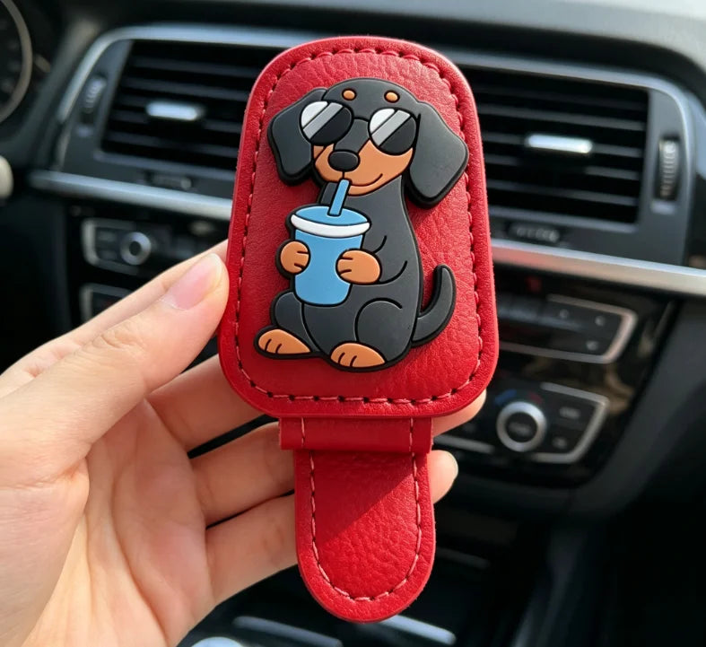 Car Sun Visor Sunglasses Clip Cute Dachshund Dog Cup Leather Glasses Holder Auto Eyeglasses Storage Car Accessories