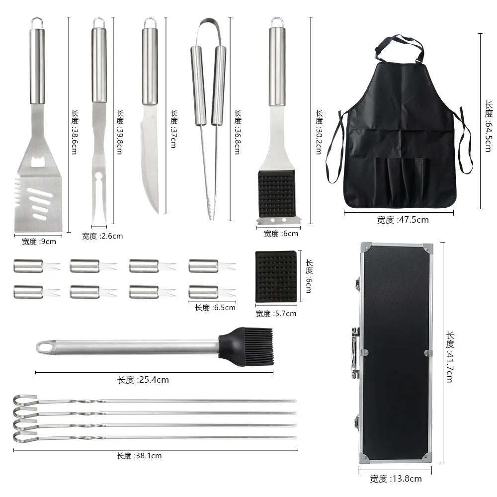 Stainless Steel Grillware Aluminium Case Set Grill Knife Fork Spatula Brush Outdoor BBQ Tools Combination Set