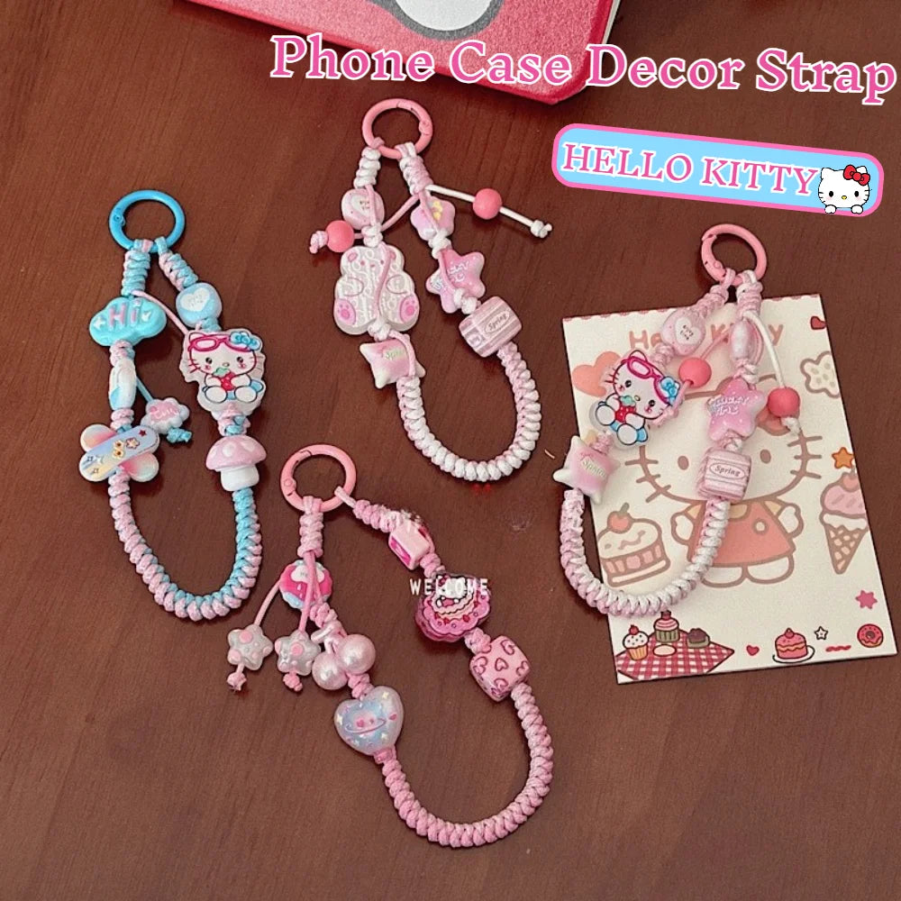 INS Sanrio Hello Kitty Sweet Pink Hand Woven Phone Case Wrist Strap Bead Keychain Bag Decor Pendant for Girl Woman Phone Lanyard