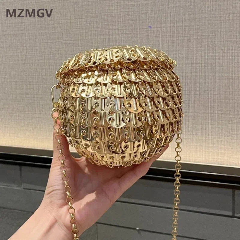 Luxury Design Gold Silver Metal Sequins Round Evening Bag Fashion Dress Party Wedding Clutch Bag Women's Hand Woven Circle Bag