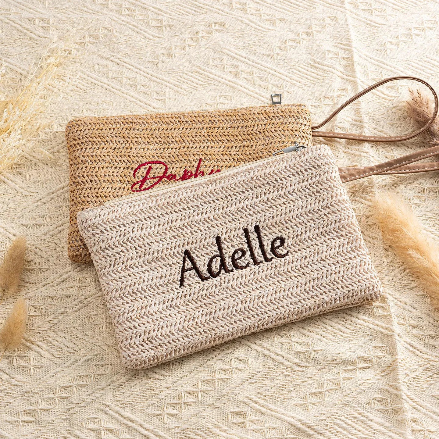 Boho Straw Woven Clutch Bag Custom Name Embroidery Zipper Pouch Women Girls Portable Coin Wallet Beach Vacation Accessories