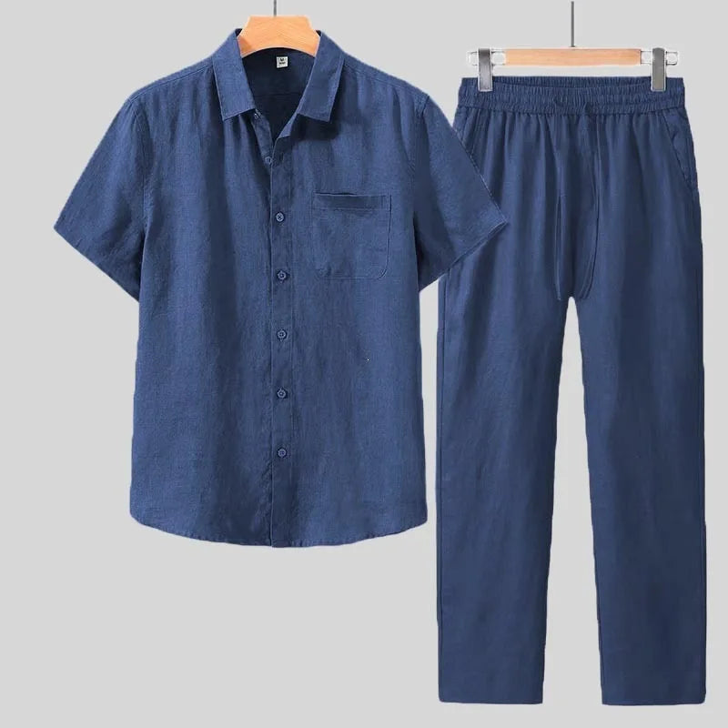 Mens Pure Linen Matching Outfit Short Sleeve Button Shirt Elastic Waist Trousers Two Piece Suit Lightweight Summer Daily Streetw