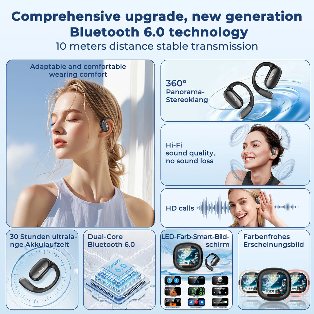 HTC NE58 Wireless Earphones Bluetooth LED Touch Screen AI Translate Earbuds HiFi Sound HD Call Headphones Bone Conduction