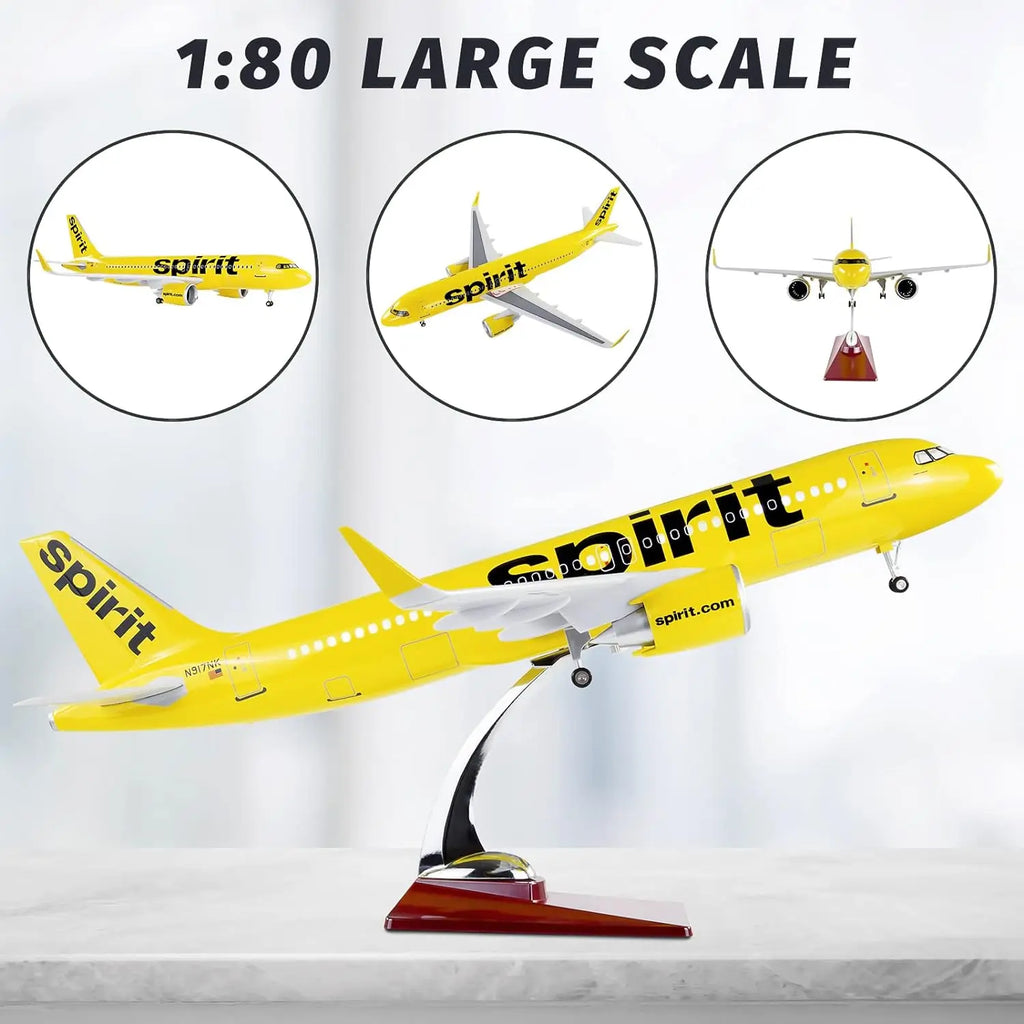 Spirit Aviation Airbus A320 Neo 1/80 Scale 47cm Metal Resin Aircraft Model Collectible Display Piece with Lights and Landing Gea
