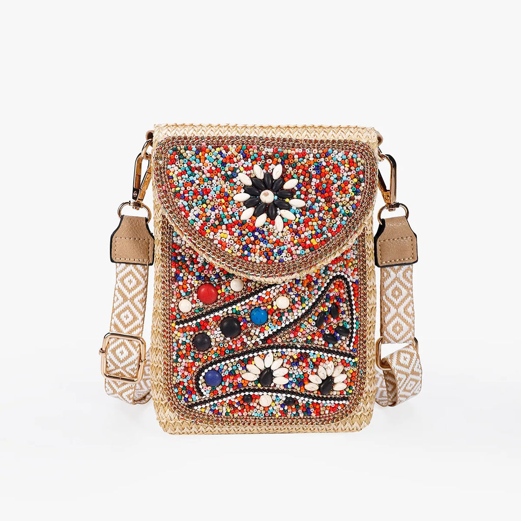 Advanced straw woven crossbody bag, new fashionable rice bead bag, European and American woven women's shoulder phone bag